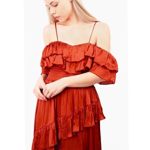 ULLA JOHNSON 70s Silk Tiered Ruffle Smocked Off Shoulder Sleeveless Maxi Gown 0 - Picture 6 of 12